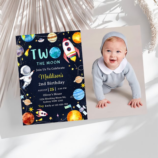 Invitación Dos Fiesta de cumpleaños 2 azul en el espacio exte (Subido por el creador)