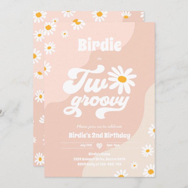 Invitación Dos Fiestas de cumpleaños Boho Retro Daisy de Groo (Anverso / Reverso)