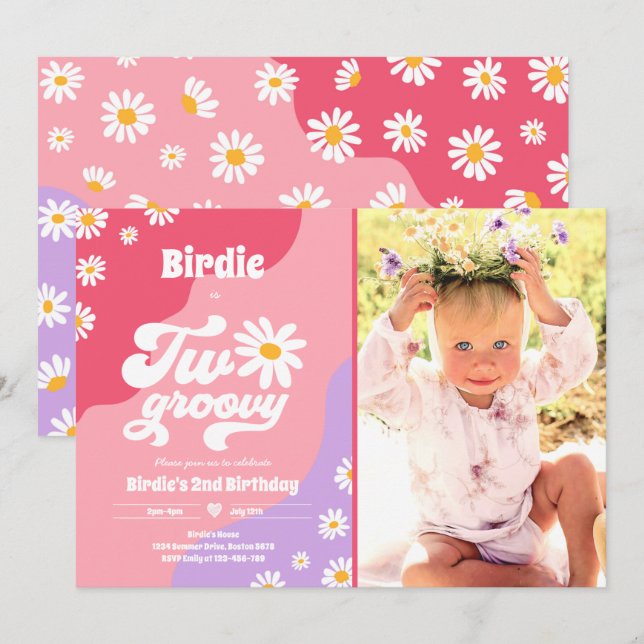 Invitación Dos Fiestas de cumpleaños Boho Retro Daisy de Groo (Anverso / Reverso)