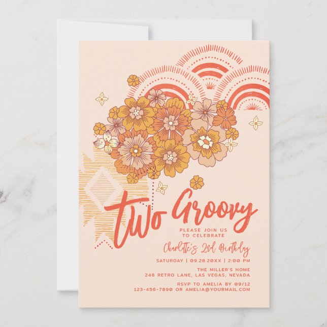 Invitación Dos Fiestas de cumpleaños de Groovy Boho Floral Gr (Anverso)