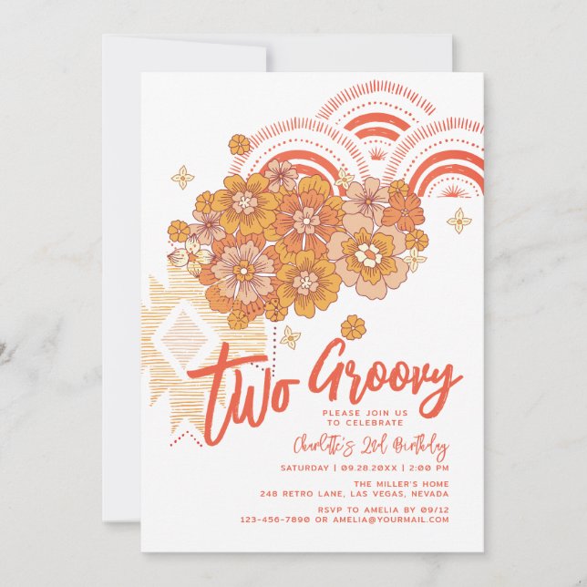 Invitación Dos Fiestas de cumpleaños de Groovy Boho Floral Gr (Anverso)