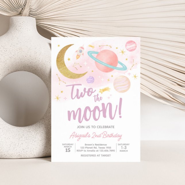 Invitación Dos fiestas de cumpleaños de la luna y las estrell (Two the Moon Birthday Party Invitation with Front and Back)