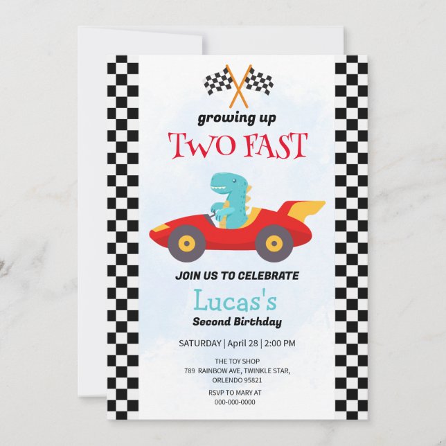 Invitación Dos Fiestas del segundo cumpleaños de Dinosaur Rac (Anverso)