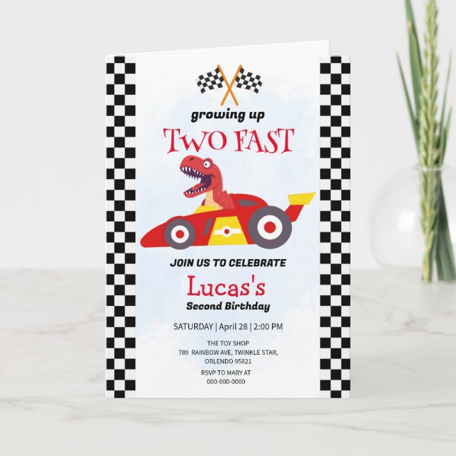 Invitación Dos Fiestas del segundo cumpleaños de Dinosaur Rac (Anverso)