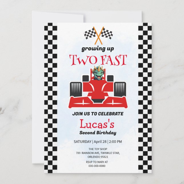 Invitación Dos Fiestas del segundo cumpleaños de Dinosaur Rac (Anverso)