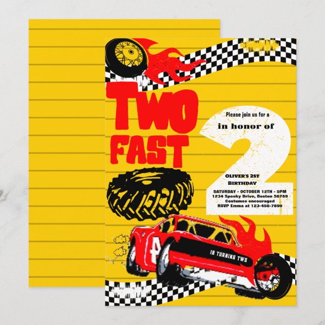 Invitación Dos Fiestas del segundo cumpleaños de Fast Race Ca (Anverso / Reverso)