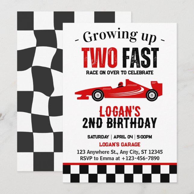 Invitación Dos Fiestas del segundo cumpleaños de Fast Race Ca (Anverso / Reverso)