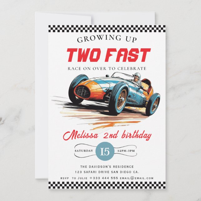 Invitación Dos Fiestas del segundo cumpleaños de Fast Race Ca (Anverso)