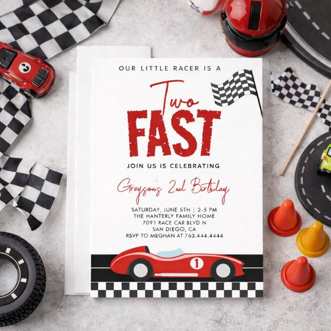 Invitación Dos Fiestas del segundo cumpleaños de Fast Race Ca (Two Fast Race Car Boy 2nd Birthday Party Invitation
)