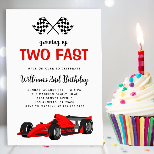 Invitación Dos Fiestas del segundo cumpleaños de Fast Race Ca (Two Fast Race Car Boy 2nd Birthday Party Invitation
)