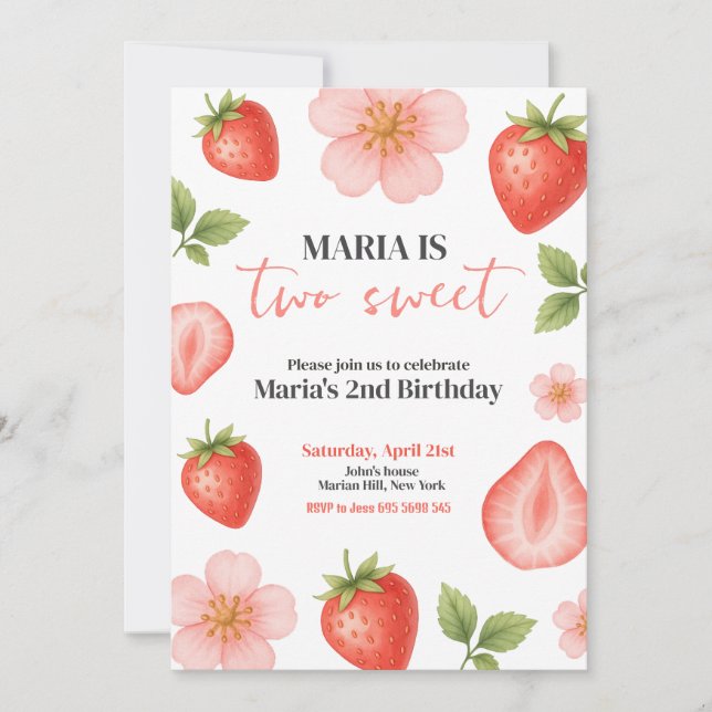 Invitación Dos Fiestas dulces de fresa de segundo cumpleaños (Anverso)