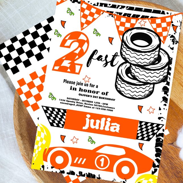 Invitación Dos Fiestas naranjas  de la carrera de autos de se (Subido por el creador)