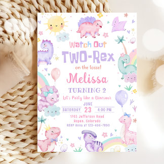 Invitación Dos Fiestas Rex Rosa Dinosaurio Segundo Cumpleaños