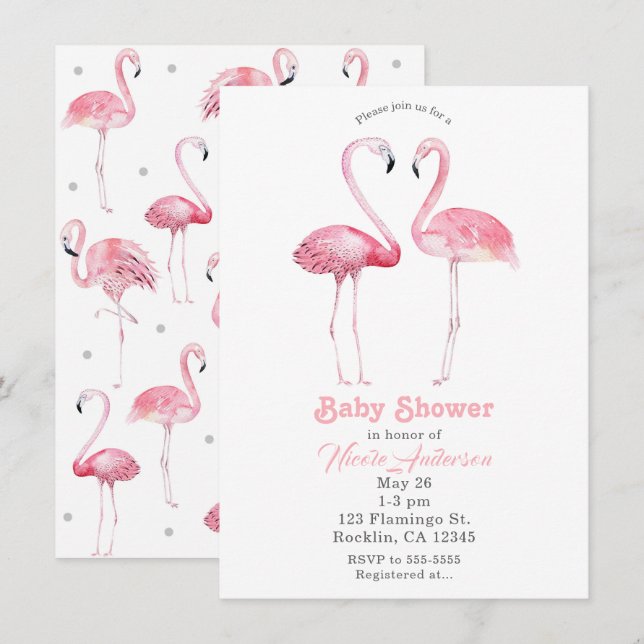 Invitación Dos Flamingos Rosados Fiesta Tropical de Bebé Flam (Anverso / Reverso)