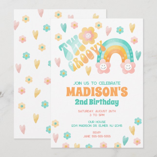 Invitación Dos Flores de Arcoíris Divertidas Retro de los 70  (Anverso / Reverso)