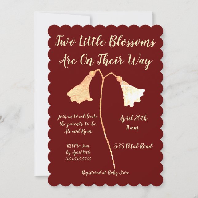 Invitación Dos florines Red Gold Flower Twins Baby Shower (Anverso)