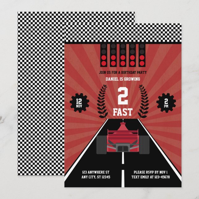 Invitación Dos Fórmula de Carreras de niño temático de segund (Anverso / Reverso)