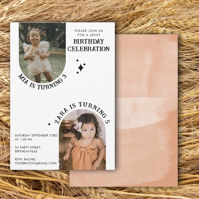 Invitación Dos Foto Cumpleaños Compartido Acuarela Boho Marró (Two Photo Joint Birthday Watercolor Boho Brown Invitation)
