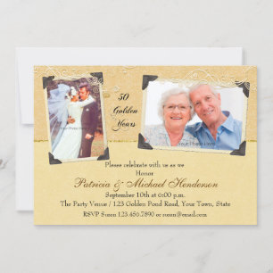 Invitación Dos Foto Damask de Aniversario de Oro