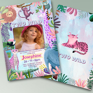 Invitación Dos foto de cumpleaños de niña con animales salvaj