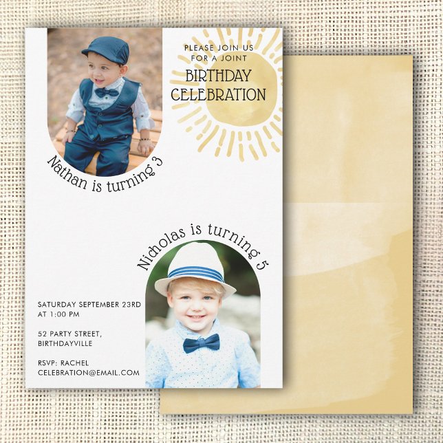 Invitación Dos fotos conjunta cumpleaños acuarela boho (Two Photo Joint Birthday Watercolor Boho Invitation)