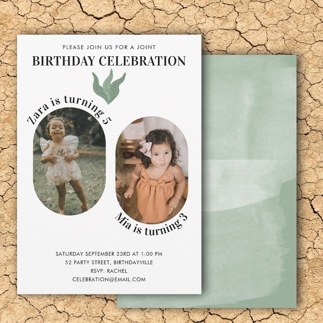 Invitación Dos fotos conjunta cumpleaños acuarela boho verde (Two Photo Joint Birthday Watercolor Boho Green Invitation)