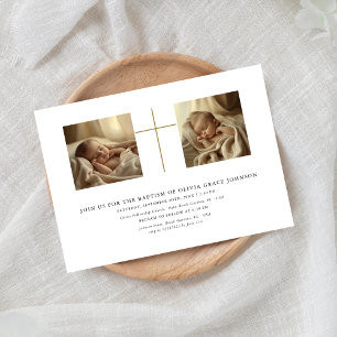 Invitación Dos fotos de género de oro neutro bautismo blanco