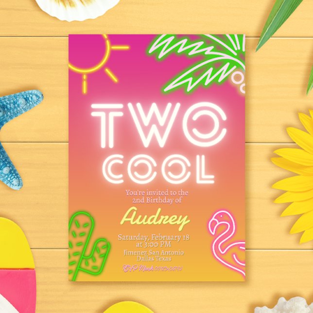 Invitación Dos frescas fiestas de piscina tropical rosa neón (Two Cool Tropical Pink Neon Pool Party Invitation)