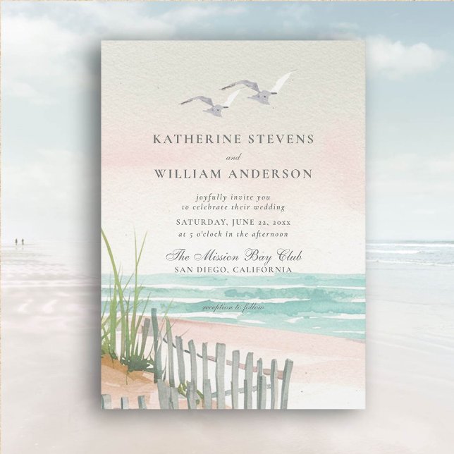 Invitación Dos gaviotas Ocean Beach Fence Art Elegant Wedding (beach wedding invitation dreamy watercolor ocean fence seagulls formal modern classic)