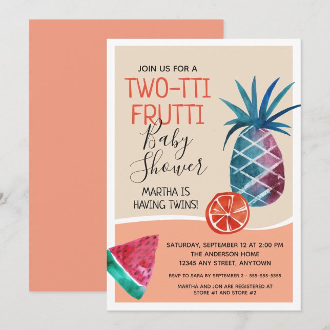 Invitación Dos gemelos Frutti Baby Shower (Anverso / Reverso)