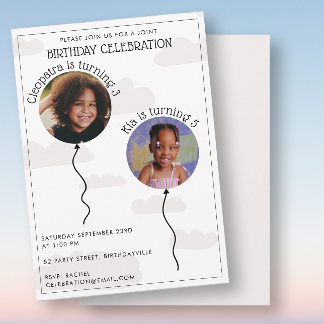 Invitación Dos globos de cumpleaños conjuntos en nubes (Two Photo Joint Birthday Balloons Clouds Invitation)