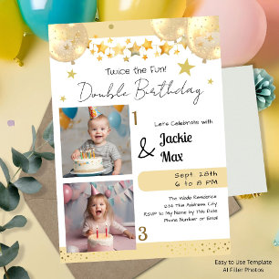 Invitación Dos globos de cumpleaños dobles de oro para fotos
