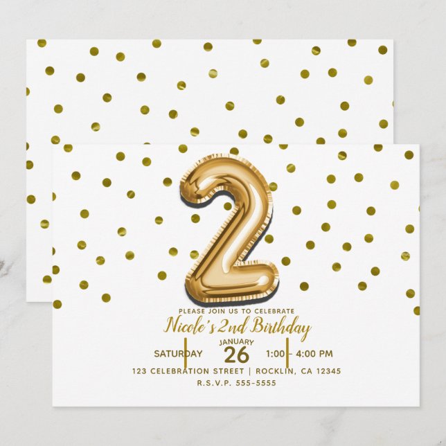 Invitación Dos Globos de Oro 2 y Confeti Fiesta de Cumpleaños (Anverso / Reverso)