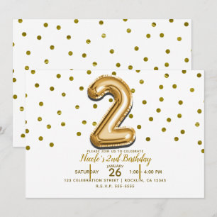 Invitación Dos Globos de Oro 2 y Confeti Fiesta de Cumpleaños