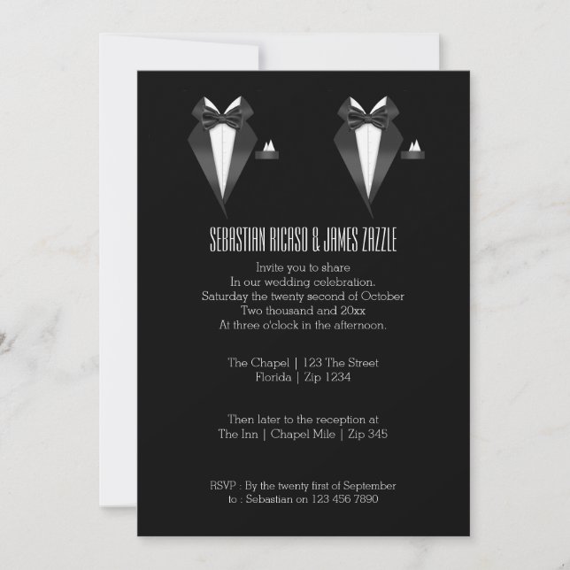 Invitación Dos Grooms Bow Tie Tuxedo Boda (Anverso)