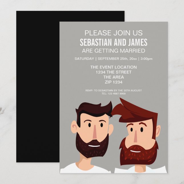 Invitación Dos Grooms Con Pechos Personalizado Boda Gay Tema (Anverso / Reverso)