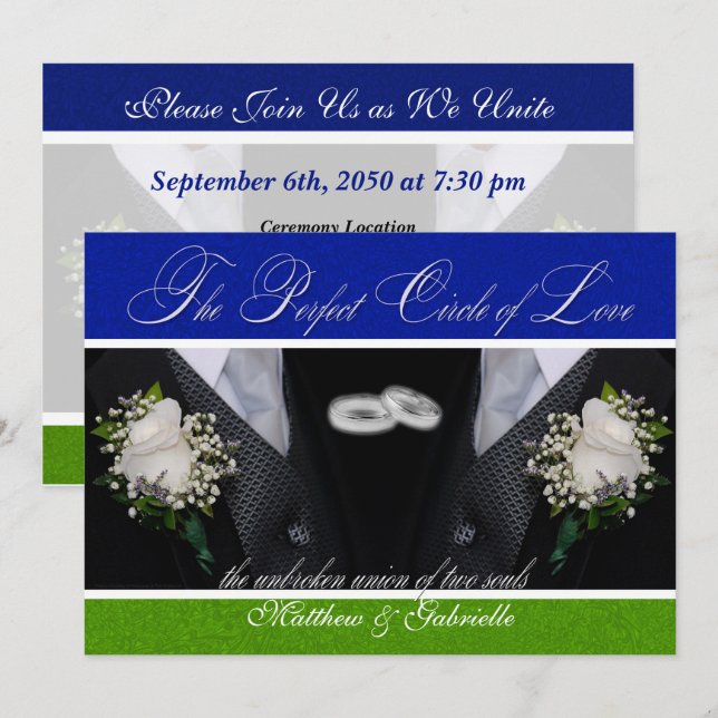 Invitación Dos Grooms Gay Boda o Civil Union Blue Green (Anverso / Reverso)