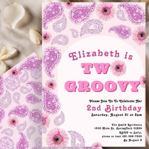 Invitación Dos Groovy 2º cumpleaños de potencia de flor rosad
