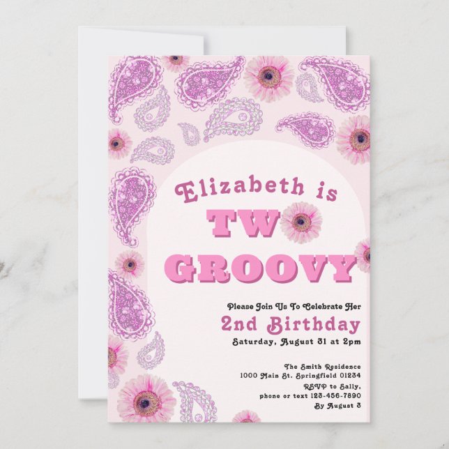 Invitación Dos Groovy 2º cumpleaños de potencia de flor rosad (Anverso)