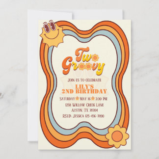 Invitación Dos Groovy 70 Cumpleaños Retro Arcoíris Segundo