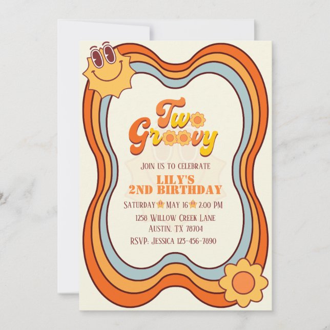 Invitación Dos Groovy 70 Cumpleaños Retro Arcoíris Segundo (Anverso)