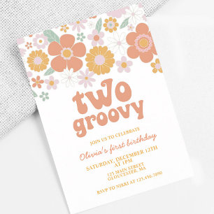 Invitación Dos Groovy 70 Retro Daisy Segundo Cumpleaños