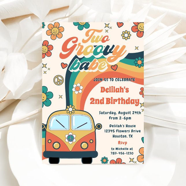 Invitación Dos Groovy Babe Retro Floral Segundo Fiesta de Cum (Subido por el creador)