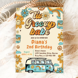 Invitación Dos Groovy Babe Retro Rainbow segundo Fiesta de cu