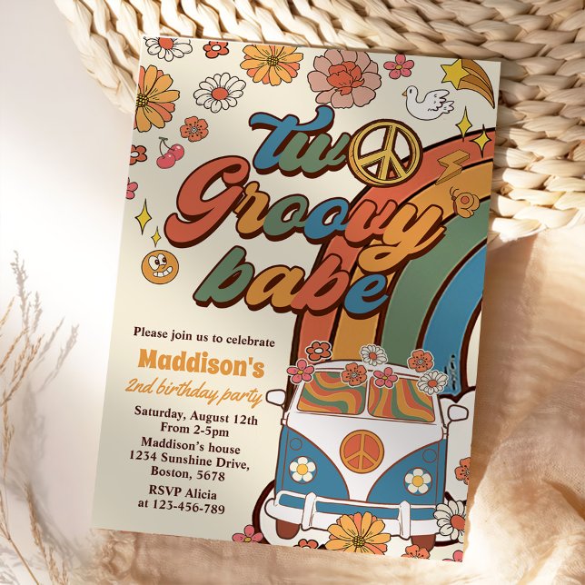 Invitación Dos Groovy Babe Retro Rainbow segundo Fiesta de cu (Subido por el creador)