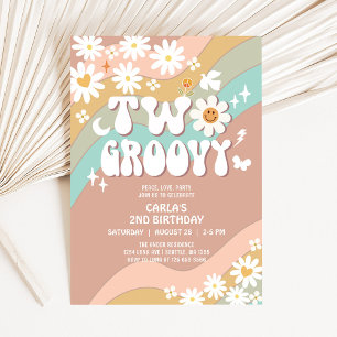 Invitación Dos Groovy Beige Verde Daisy Hippie 2do Cumpleaños