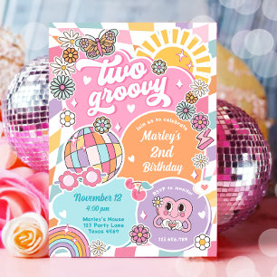 Invitación Dos Groovy Chica Retro Preppy Varsity Cumpleaños