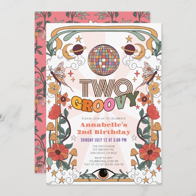 Invitación Dos Groovy Chica Retro Psicodélico Segundo Cumplea (Anverso / Reverso)