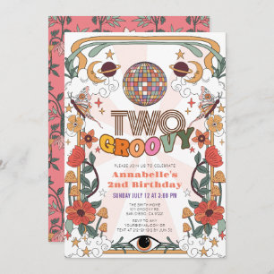 Invitación Dos Groovy Chica Retro Psicodélico Segundo Cumplea