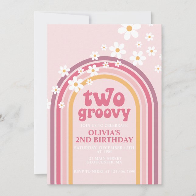 Invitación Dos Groovy daisy boho arco iris floral segundo cum (Anverso)